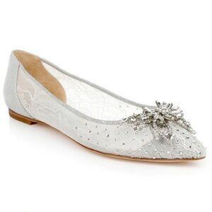 Badgley Mischka Size 7.5 Kaitlin Silver White Lace Jeweled Butterfly Flats Shoes